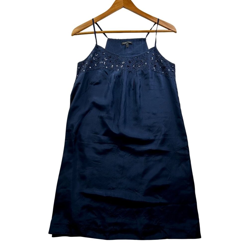 Eileen Fisher Rare Vintage 100% Silk Navy Blue Beaded Sequin Slip Dress XS